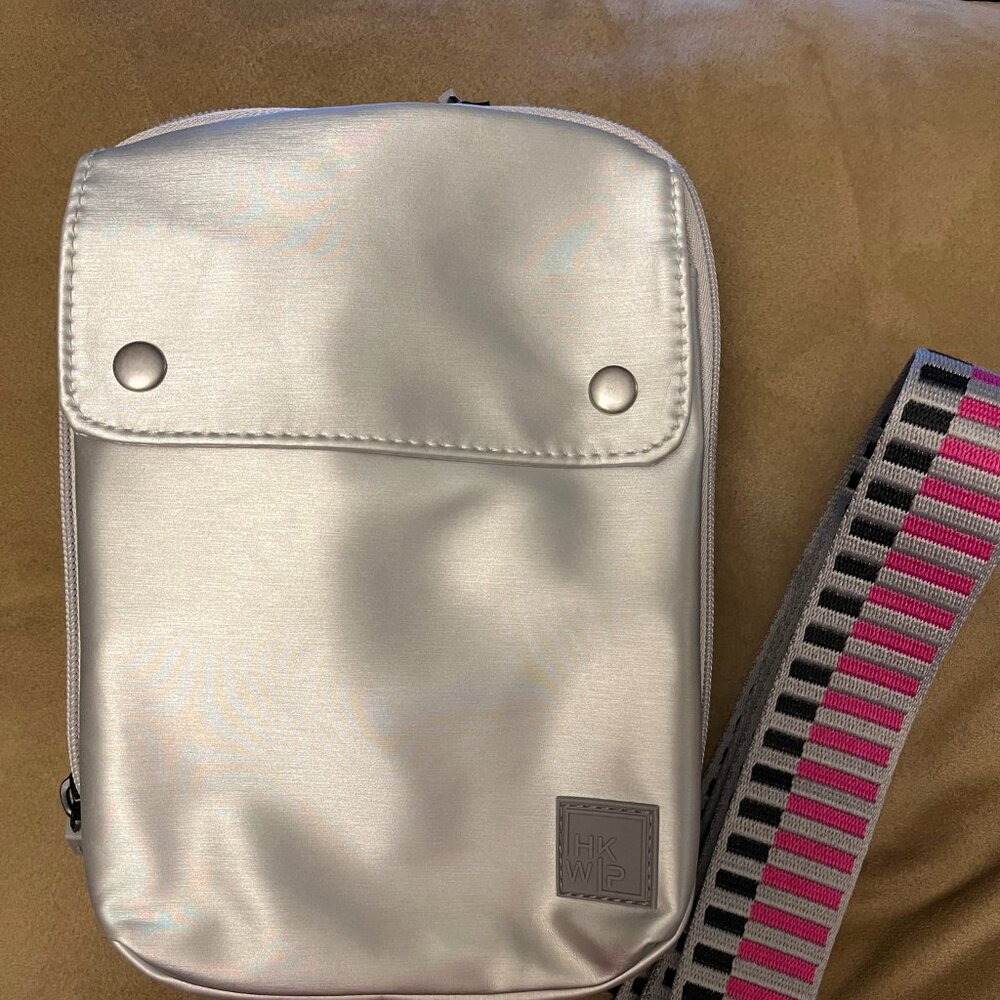 HK WP Silver Crossbody Bag with Pink-Accented Strap